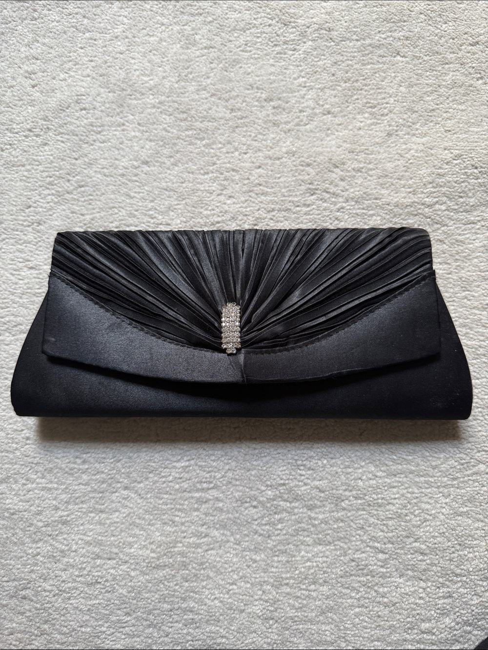 Elegant Black Satin Evening Clutch with Rhinestone Accent